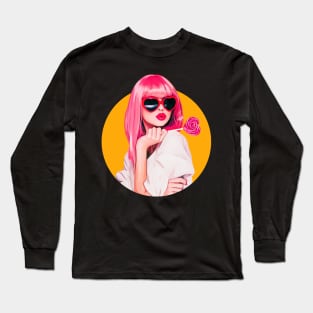 Pin up sexy woman illustration lollipop sunglases big lips Long Sleeve T-Shirt